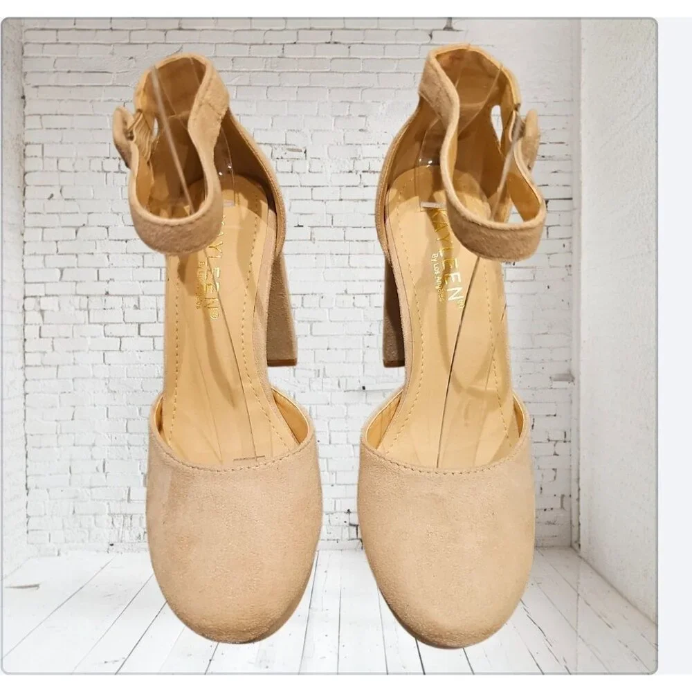 Nude Faux Suede Chunky Heel Platform Ankle Strap Pumps - Picture 9 of 9